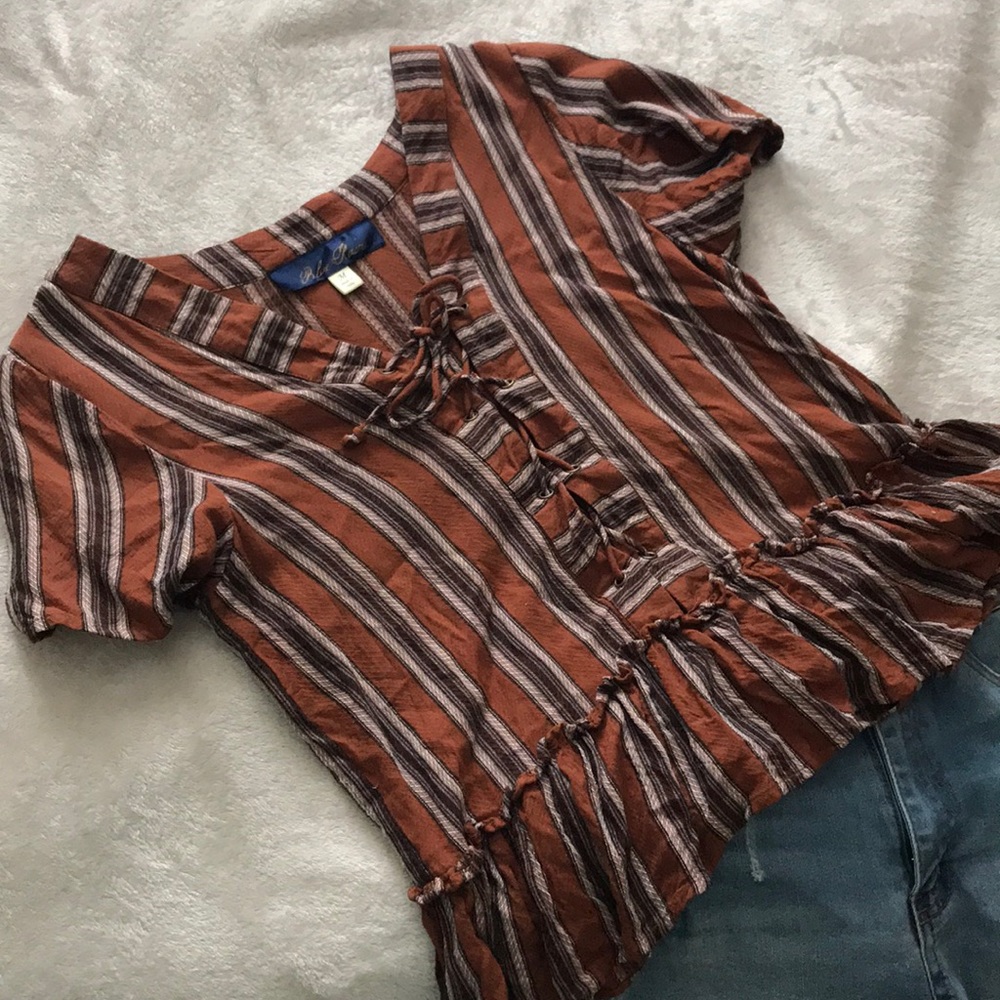 Francesca’s Copper Striped Lace Up Blouse